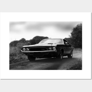 dodge challenger, classic car, black white Posters and Art